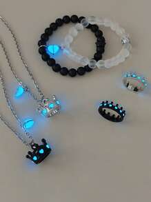 ATLVXJL 6pcs/Set Luminous Couple/Friendship Crown 3D Stainless Steel Chain Glow Magnetic Heart Necklace Bracelet Ring Set, Casual Jewelry Suitable For Daily Wear And Valentine's Day Gift