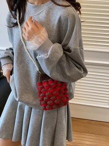 Women's Summer Woven Pearl Handbag, Cute Raspberry Crochet Knit Phone Pouch Crossbody Bag