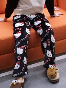 Sanrio Women's Sanrio Hello Kitty Warm Fleece Allover Print Fluffy Pants, Cartoon Kawaii Goth Lolita Style Soft Loungewear Trousers, Plus Size Sleepwear