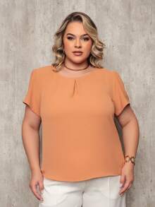 ONLYONE - PLUS SIZE WOMEN'S BLOUSE, SHORT SLEEVE, PRINCESS, PLEATED NECKLINE, LIGHT DUNES - ELEGANT WOMEN'S BLOUSES, LARGE - Mocha Brown - View 1