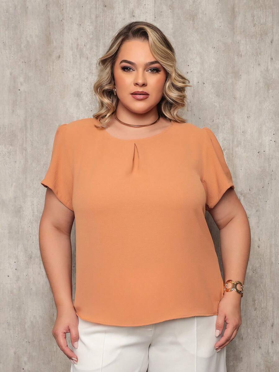 ONLYONE - PLUS SIZE WOMEN'S BLOUSE, SHORT SLEEVE, PRINCESS, PLEATED NECKLINE, LIGHT DUNES - ELEGANT WOMEN'S BLOUSES, LARGE - Mocha Brown - View 1