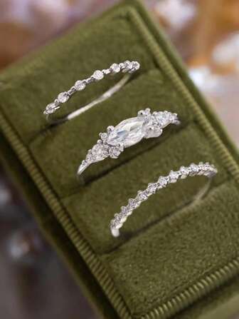 3 件套 S925 纯银气质锆石三重戒指奢华优雅女士约会派对戒指周年纪念场合精致女士珠宝礼物