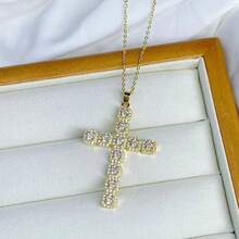1 件男女款简约十字架项链，不锈钢中银。金色拉丁十字架吊坠项链 - 彩色 - 查看 3