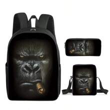Animal Pattern Printed Backpack Three Pieces Set (Single-Layer Backpack + Shoulder Strap Lunch Bag + Single-Layer Pencil Bag)