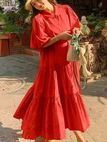 女式春夏休闲度假短款泡泡袖抽绳腰部 A 字长衬衫裙 - 紅色 - 查看 6