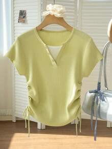 RUIWY 休闲二合一针织上衣，女式短袖T恤，收腰，薄款设计，夏季 - 綠色 - 查看 10