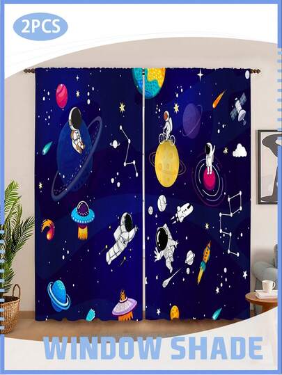 2 Panels Cartoon Space Astronaut Curtains For Kids Room - Fun Galaxy Print Window Drapes Gift For Him/Her