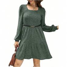 Local Delivery- Fall Dresses Casual Babydoll Sweater Dress Womens Square Neck Long Sleeve - Green - View 2