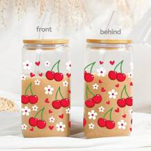 1pc16oz Bow Cherry Multi-Style Glass Cup, Double-Layer Insulated Straw Cup With Wooden Cup Lid, Special Drinking Cup For Girls, Birthday Gift For Girlfriend, Anniversary Gift, Valentine's Day Gift