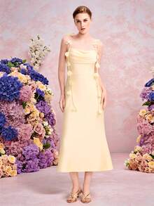 EVERPRETTY Vestido de dama de honor amarillo lindo de verano, vestido de invitada de boda de longitud media con tirantes de satén y flores 3D, adecuado para bodas, cumpleaños, galas, fiestas y otras ocasiones - Amarillo - Ver 9