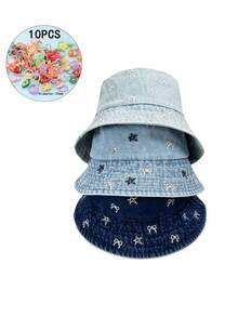 2 件套：1 顶蝴蝶结和星星刺绣渔夫帽 + 10 个随机发圈，全新青年时尚可调节透气旅行必备品，完美的节日礼物 - A - 查看 2