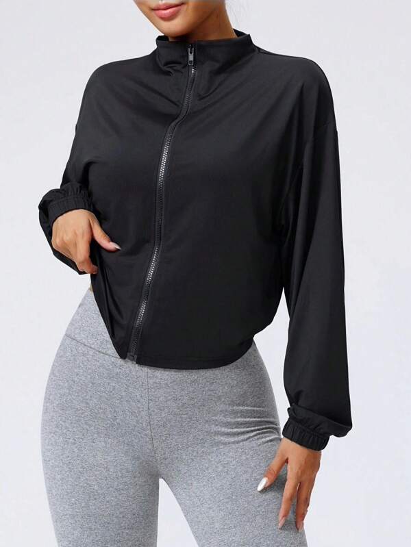 Women's Elegant Slimming Zip Up Stand Collar Long Sleeve Jacket, Casual Sportswear Outerwear For Spring & Summer, Machine Washable Black Jacket