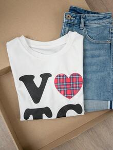Back To School Cute Heart & Letter Print Casual Round Neck Short Sleeve T-Shirt For Women, Spring/Summer White - White - View 10