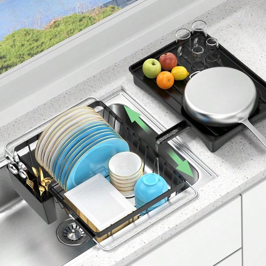 Roll Up Dish Drying Rack Over The Sink Dish Drainer Rack Foldable Sink Drying Rack AntiSlip Silicone Wrapped Dish Drainer For Kitchen Counter - Black - View 1