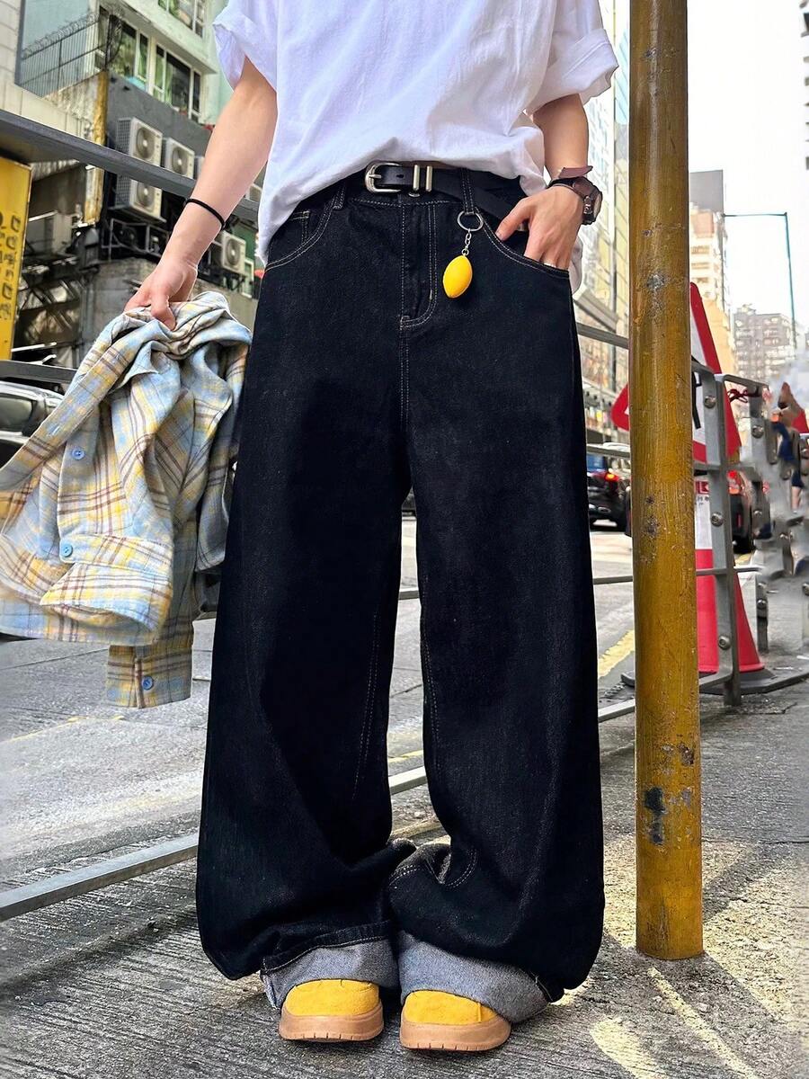 1件男士复古水洗宽松直筒牛仔裤，休闲街头风男女通用阔腿裤（不含腰带和配饰）