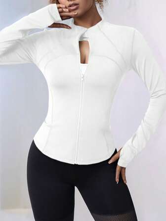 Plus Size Zipper Long Sleeve Sports Jacket With Tight Fit, Thumbhole Cuffs, For Women, Fitness, Yoga, Running