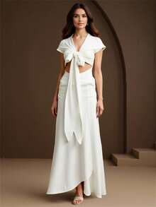 Vestido amarre frente mujer dama diseño elegante manga corta escote en V falda larga corte fluido ideal eventos especiales look sofisticado llamativo - Blanco - Ver 1