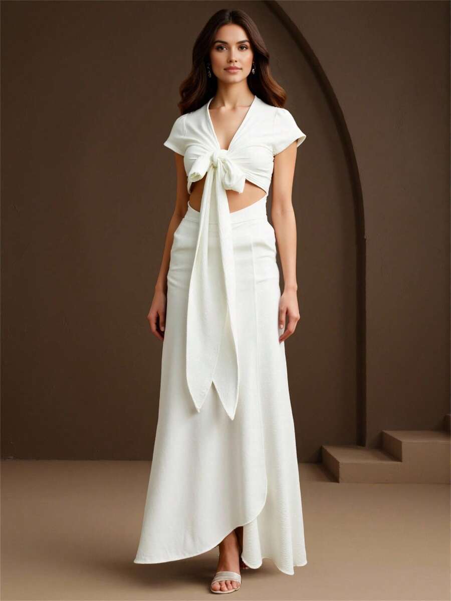 Vestido amarre frente mujer dama diseño elegante manga corta escote en V falda larga corte fluido ideal eventos especiales look sofisticado llamativo - Blanco - Ver 1