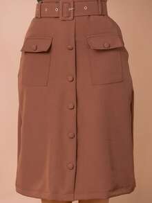 Women's Elegant Tailored Midi Skirt With Belt And Pocket Evangelical Fashion - 鏽棕色 - 查看 3
