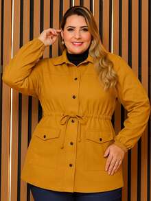 WOMEN'S PLUS SIZE BENGALINE JACKET PLUS SIZE WINTER OVERCOAT WITH CINCHED DRAW CUFF PARKA COAT MODEL - Mustard - View 3