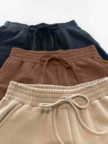 3pcs Summer Sweatshirt Shorts Kit With Drawstring Pocket For Women - Marrom/bege/preto - 查看 2