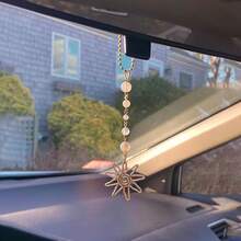 Sun Hanging Car Charm,Green And Gold Rear View Mirror Accessories Cute Boho Dangling Sun Car Decor Handmade Healing Crystals Stones Ornament Gifts For Women Men (Green) - Clear - 查看 13