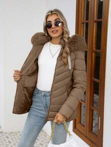 女士休闲连帽加厚夹克，带口袋，轻盈保暖加厚外套，适合日常穿着 - 棕色 - 查看 5