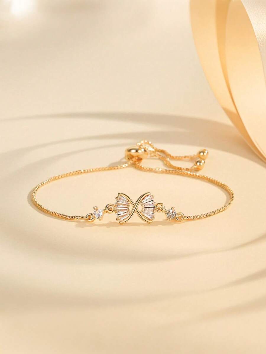 1pc Women's Fashion Bow Bracelet Versatile Gold-Plated Zirconia Zipper Jewelry, Suitable For Daily Holiday Gift