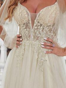 Suknie ślubne z koronki w kolorze kości słoniowej, długie, z ręcznie zdobionymi koralikami, krótkie rękawy, suknia ślubna z tiulu, linia A, dekolt w serek, zamek błyskawiczny z tyłu