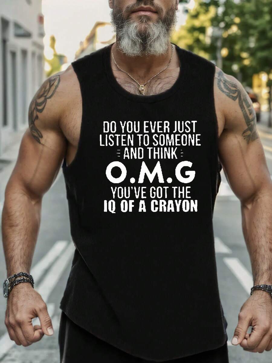 O.M.G Print A-Shirt Tanks, Sleeveless Tank Top, Men's Active Undershirts For Workout At The Gym - Black - View 1