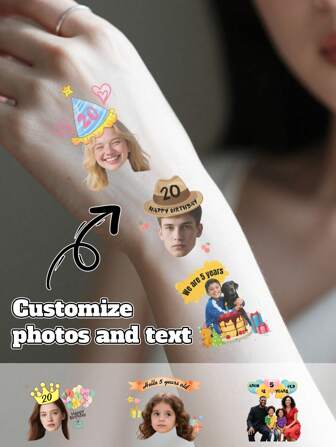 30-300Pcs Custom Photos And Text Birthday Temporary Tattoos,Personalized Fake Tattoos,Customized Temporary Tattoos For Kids,Customizable Picture Tattoo Stickers,Anniversaries,Wedding Gifts,Valentine's Day,Graduation Ceremonies,Birthday Gifts,Ideal Gifts For Him/Her,Friends,Kids,Men,Women,Family