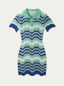 MORI Spring And Summer New Button Half Open Striped Color Blocked Short Sleeved Women's Knitted Sweater Dress, Slim Fit Hollow Thin Bohemian, Bodycon Skirt Graduation Outfit - Multicolor - View 1