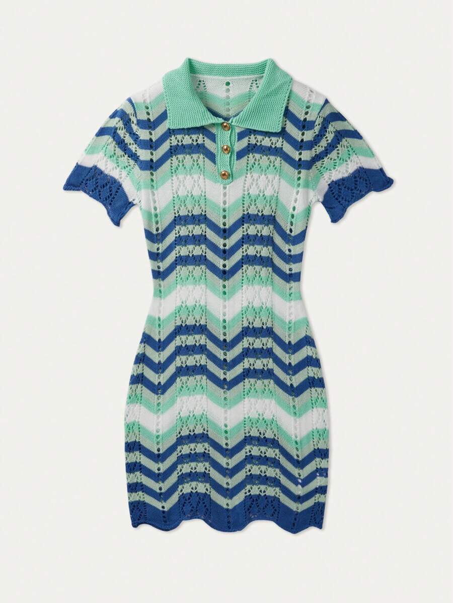MORI Spring And Summer New Button Half Open Striped Color Blocked Short Sleeved Women's Knitted Sweater Dress, Slim Fit Hollow Thin Bohemian, Bodycon Skirt Graduation Outfit - Multicolor - View 1