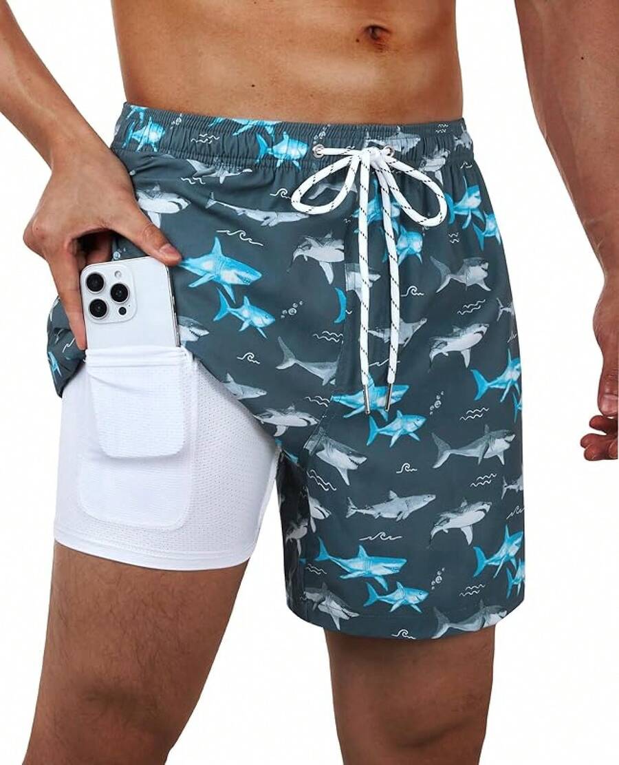 Bañador para hombres con entretela de compresión, pantalón corto de baño forrado para hombres - Marina tropical - Ver 1