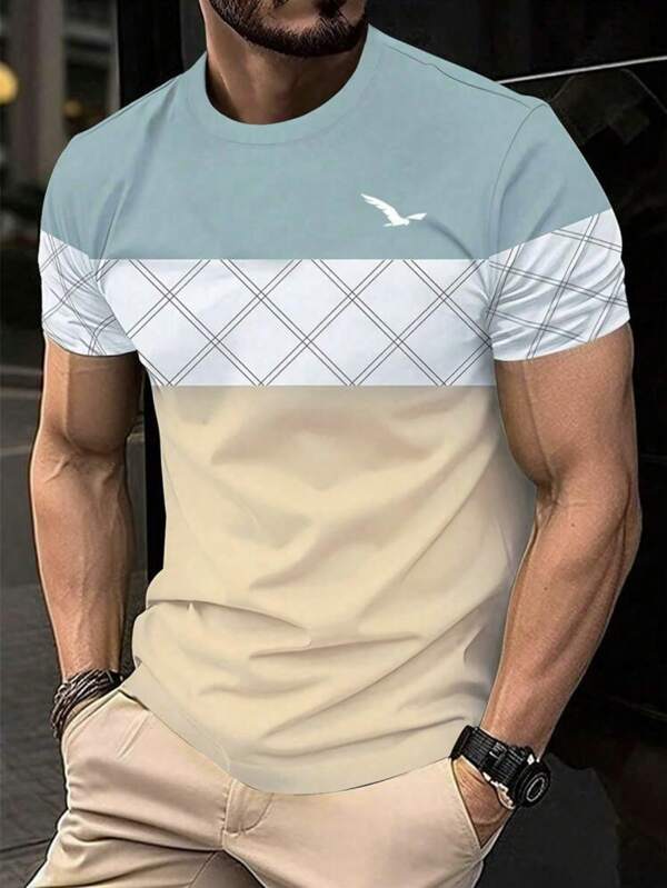 Große Größen Herren Lässig Kontrast Farbe Vogel Muster Rundhals Kurzarm T-Shirt, Sommer