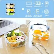 SAEIV Glass Containers With Lids, Three-Piece Storage Jars, Glass Bowls With Lids (800 Ml), Transparent Storage Jars, Glass Meal Preparation Containers With Steam Vent Lids, Glass Storage Jars With Lids - 透明方形3x800ml - 查看 6