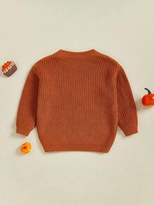 Girls Halloween Knit Sweater Long Sleeve Round Neck Letter Pumpkin Embroidery Knitwear - Orange - View 2