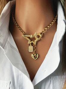 1 件女士链条项链，配有镶钻星形扣、镶钻字母吊坠和心形吊坠，优雅复古风格，适合日常时尚搭配 - 金色 - 查看 9