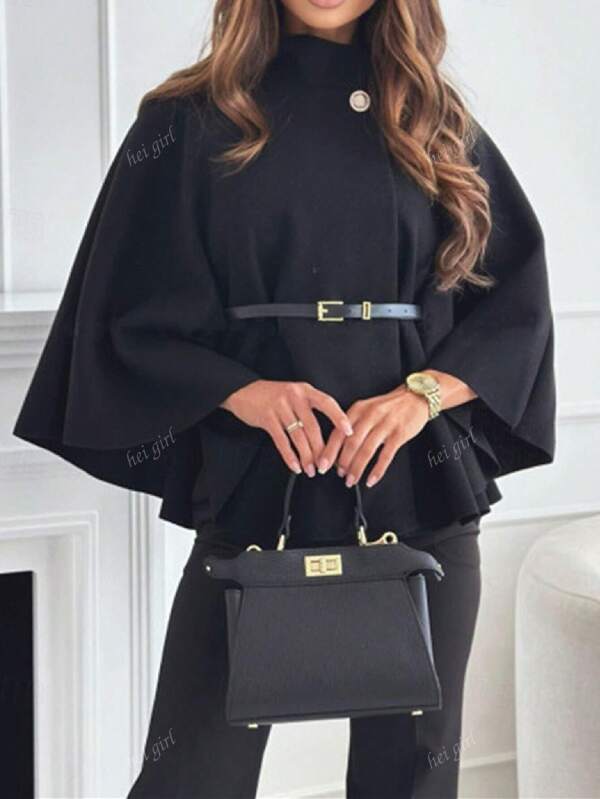 Women's Fashionable Elegant Short 3/4 Sleeve Stand Collar Loose Woolen Coat With Belt, Winter