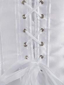 1pc White Vintage Satin Heart Neck Bustier Top, Front Button Back Tie Design, Elegant Sexy Off-Shoulder Bodysuit, Suitable For Valentine's Day, Music Festival, Wedding, Travel & Holiday - White - View 7