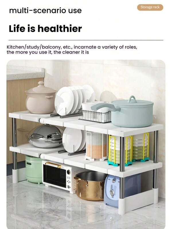 1pc 1/2 Layers Flexible Vertical Storage Rack, Stainless Steel Support Frame, Plastic Panel, Adjustable Length Size, Suitable For Kitchen Storage, Home Storage, Dormitory Storage ,Flexible Layered Rack Under Sink Cabinet Organizer For Sundries Telescopic Holder Countertop Storage Shelf Multifunctional Stora