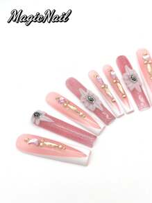 10 Pieces Of Pure Hand-Pressed Wearable Nail, Press On Nails,Nail Supplies,Nails Ptess On,Beach Essentials,55mm-Length Nail Pieces, Flesh-Colored White Dark V-Shaped, Hand-Kneezed Convex Petals With Metal Jewelry Flower Heart, Moon-Shaped Rhinestone
