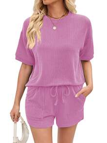Women's Two Piece Number Stripe Short Sleeve Drawstring Shorts Casual Loungewear Set - Màu tím - Xem 2