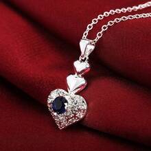 2Pcs Elegant 925 Sterling Silver Plated Inlay Blue Zirconia Heart Earrings Necklaces Set Thanksgiving Gift For Women Wedding Engagement Party & All-Season Jewelry - Silver - View 3
