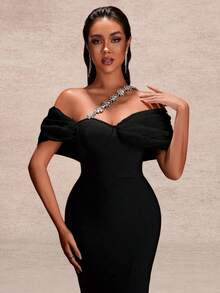 Women's Elegant Asymmetric Rhinestone Embellished Long Sleeve Knit Dress With Zipper, Suitable For Party Occasions Wedding Black - Black - View 5