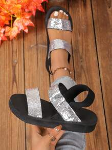 Glitter Women's Minimalist Double Strap Slingback Wedge Sandals, Ladies Black Flat Sandals For Summer, Comfortable Beach Resort Vacation Shoes