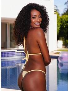 Women's Ribbon Bikini Bronze Adjustment Summer Carnival Beachwear Set - Yellow - View 3