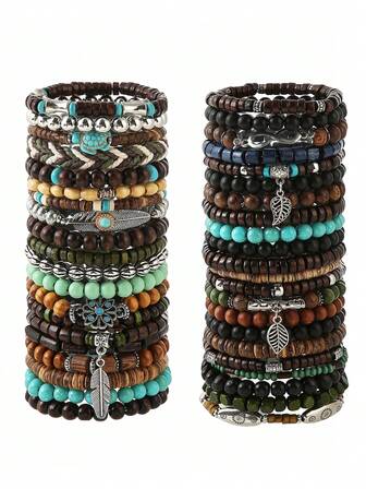 5pcs/42pcs Bohemian Western Cowgirl Stackable Stretch Bracelets Set – Turtle, Feather & Leaf Charm Adjustable Beaded Bracelets For Women, Festival Couple Gifts, Birthday & Party Accessories