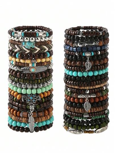 5pcs/42pcs Bohemian Western Cowgirl Stackable Stretch Bracelets Set – Turtle, Feather & Leaf Charm Adjustable Beaded Bracelets For Women, Festival Couple Gifts, Birthday & Party Accessories