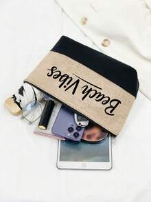 手提包和钱包，肩带手提包，印有“海滩氛围”字母，卡包，多功能便携式教师手提包，教师答谢亚麻包，女士礼物，便携式休闲收纳手提包，多功能购物袋